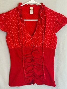 Women's Vintage Topaz Red Polka Dot Ruffled Bodice Top Made in USA Zip Back